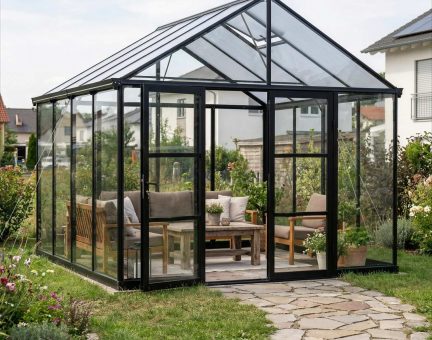 Aria Gewächshaus-Kit 308 x 316 cm - Schwarz Aluminiumrahmen mit klaren Paneele