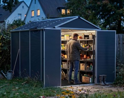 Rubicon Kunststoff-Gerätehaus 185cm x 304cm, Dunkelgrau Polycarbonatplatten + Solar LED Kit 