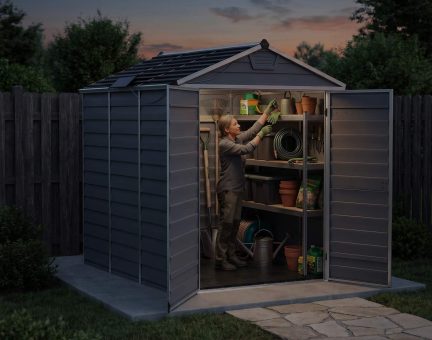 Skylight Kunststoff-Gerätehaus 185cm x 229cm, Grau Polycarbonatplatten + Solar LED Kit 