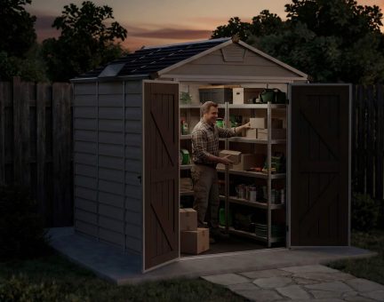 Skylight Kunststoff-Gerätehaus 185cm x 229cm, Tan Polycarbonatplatten + Solar LED Kit 
