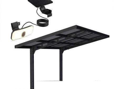 Sydney Carport 286cm x 586,5cm, 16.8m² | Aluminium Schwarz | Gewelltes Solargrau Polycarbonat Dachplatten + LED Solar Kit 