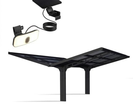 Sydney Doppelcarport Wings 572cm x 586.5cm, 33.5m² Aluminium Schwarz Gewelltes Solargrau Polycarbonat Dachplatten + Solar LED Kit 