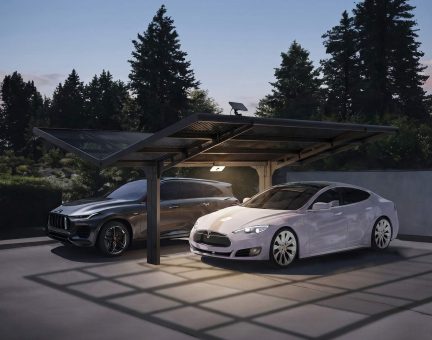 Sydney Doppelcarport Wings 572cm x 586.5cm, 33.5m² Aluminium Schwarz Gewelltes Solargrau Polycarbonat Dachplatten + Solar LED Kit 