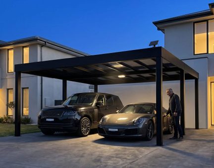 Oslo Carport 608 x 597 cm - Schwarz Struktur undurchsichtige graue Paneele + Solar LED Kit 