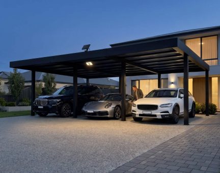 Oslo Carport 901cm x 597cm - Schwarz Struktur undurchsichtige graue Paneele + Solar LED Kit 
