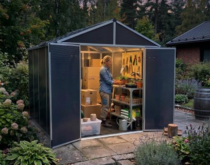 Rubicon Kunststoff-Gerätehaus 237cm x 337cm, Dunkelgrau Polycarbonatplatten + Solar LED Kit 