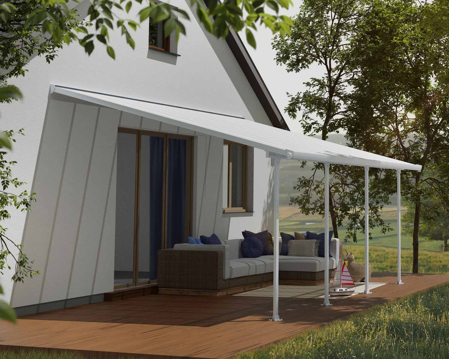 White 4m x 6m Feria patio cover with sidewall, featuring an aluminum frame and clear polycarbonate panels, providing privacy and reliable weather protection