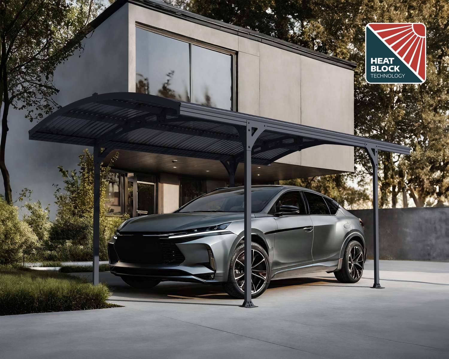 10ft x 16ft grey Atlas carport with an aluminum frame and polycarbonate roof, showcasing a modern design with an electric car parked beneath