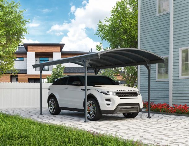 10ft x 17ft Vitoria carport with a grey aluminum frame and polycarbonate roof, offering stylish protection for vehicles
