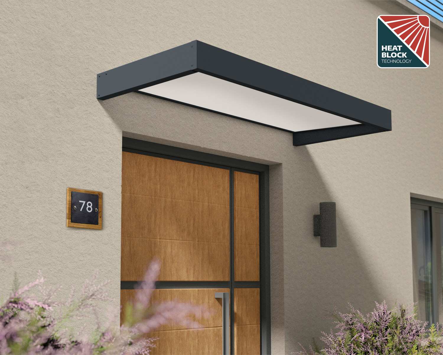 Grey Sophia 2m x 0.9m door canopy with Opal-clear polycarbonate panels, providing stylish and dependable protection for doorways