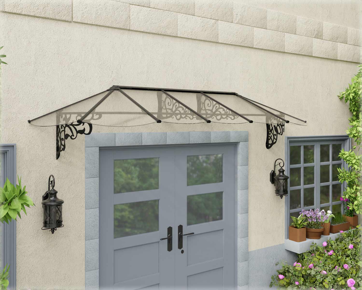 Elegant Black Lily XL 3.2m x 0.9m Door Canopy with clear polycarbonate panels, offering both style and durability for dependable entryway protection