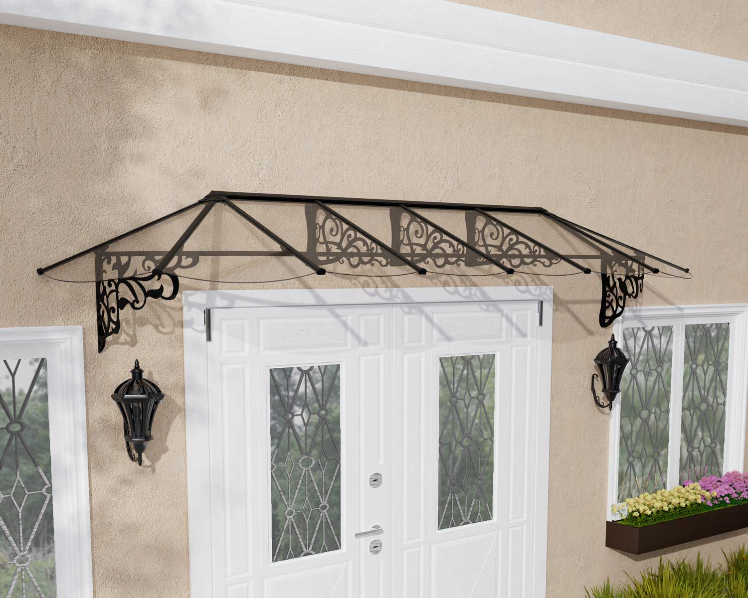Black Lily XL 3.7m x 0.9m Door Canopy with clear polycarbonate panels, offering a sleek and durable shield for entrances
