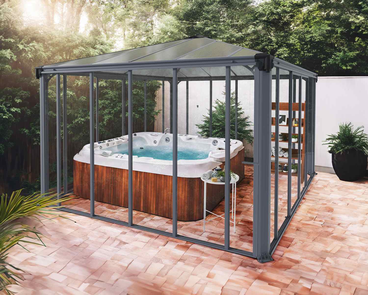 Ledro 3.6m x 3.6m grey lean-to conservatory with a slanted roof, polycarbonate panels, and a dining set, nestled in lush greenery