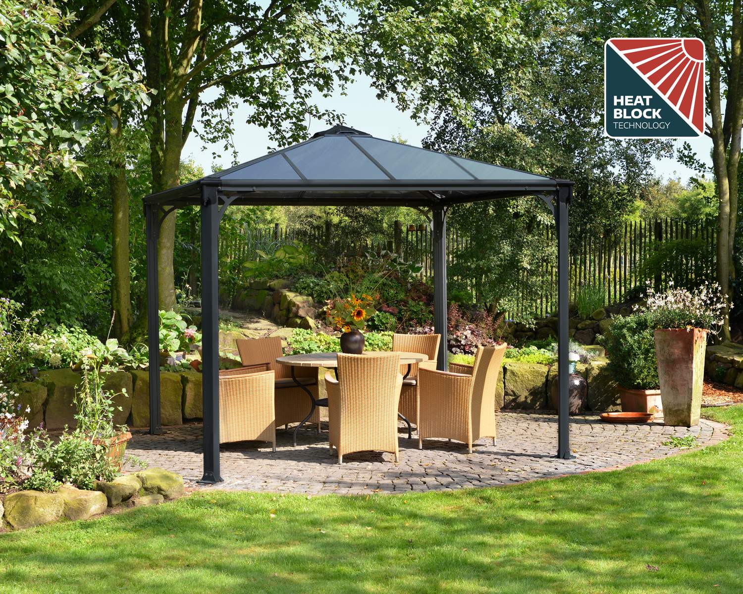 Palermo 3m x 3m grey garden gazebo with a robust aluminum frame and HeatBlock polycarbonate roof panels, providing a comfortable outdoor space.