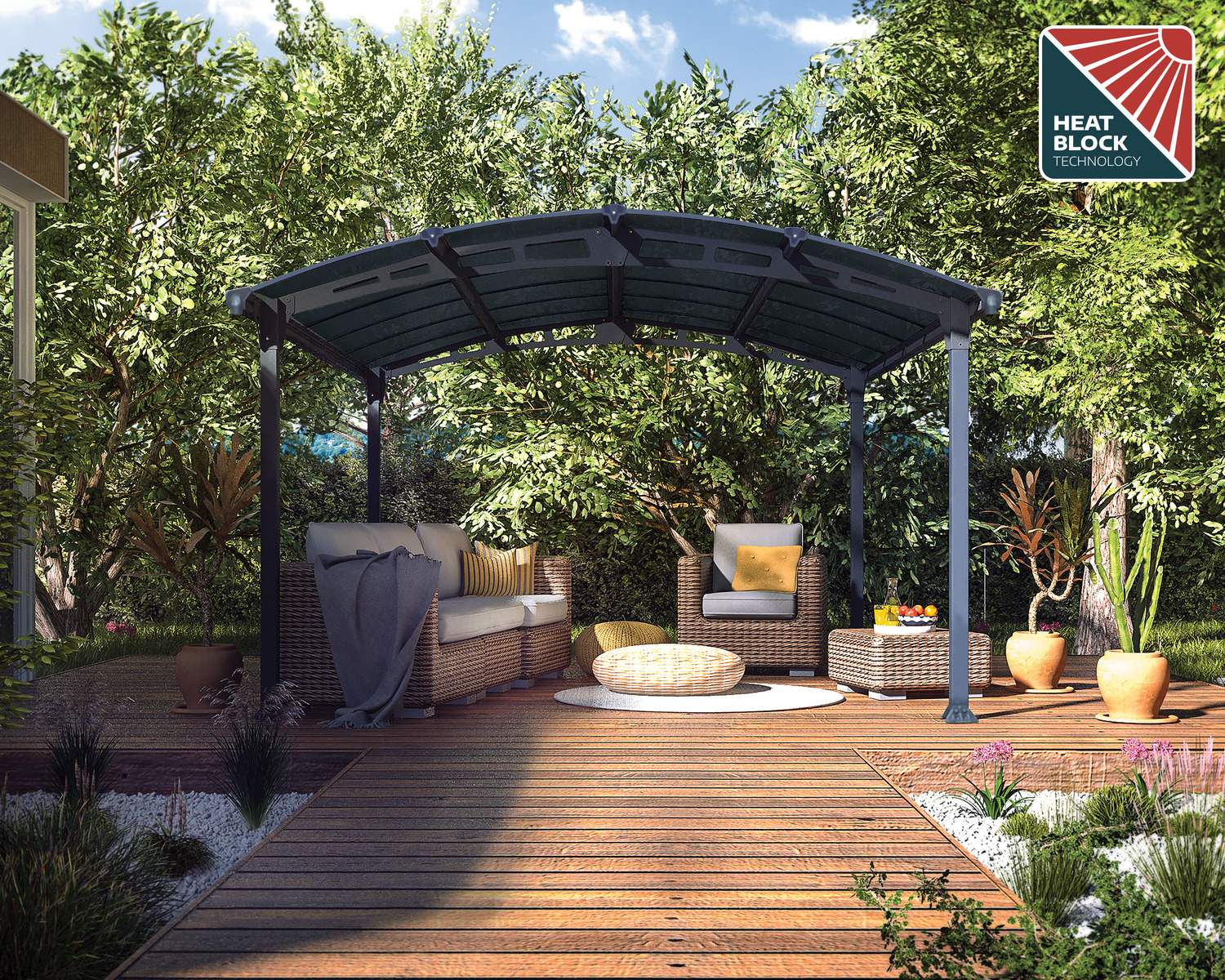 Tucson 3.59m x 4.35m grey garden gazebo with a robust aluminum frame and polycarbonate roof panels, offering a stylish and durable outdoor shelter.