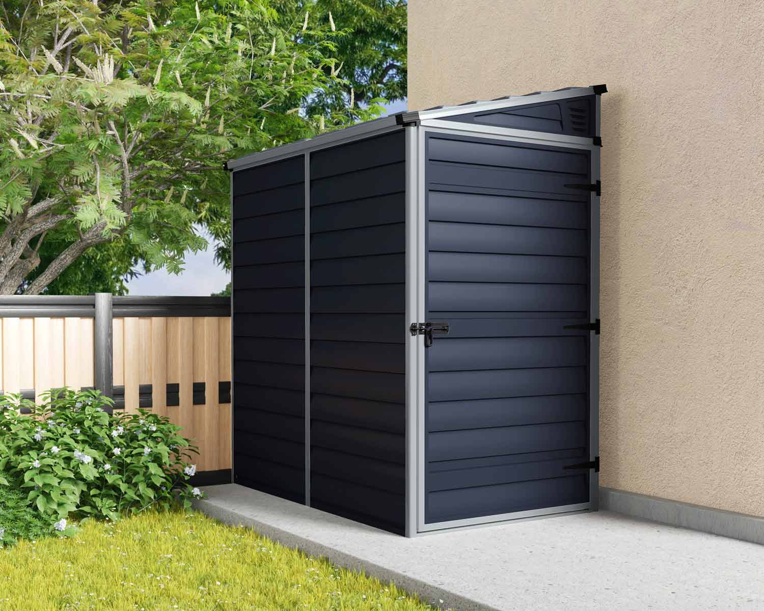 Modern 4ft x 6ft Midnight grey Pent garden shed with a sturdy aluminum frame and polycarbonate panels, tucked in a lush backyard