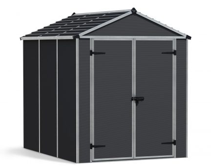 6ft x 8ft grey Rubicon garden shed featuring a durable aluminum frame and strong multiwall polycarbonate panels