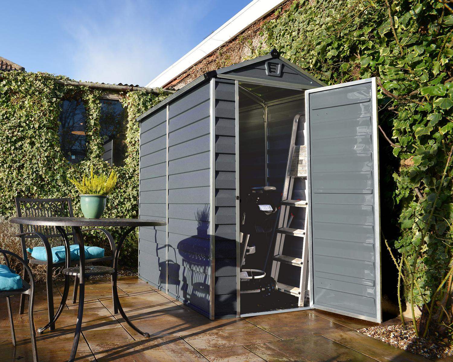 Skylight 4ft x 6ft grey garden shed with a sturdy aluminum frame and polycarbonate panels, offering reliable outdoor storage