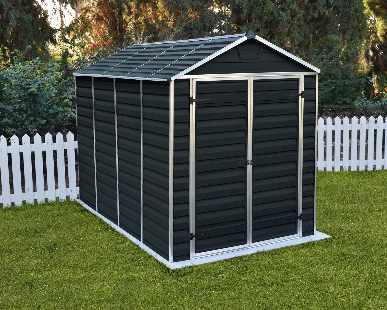 Skylight 6ft x 10ft Midnight grey garden shed with an aluminum frame and polycarbonate panels, offering spacious outdoor storage