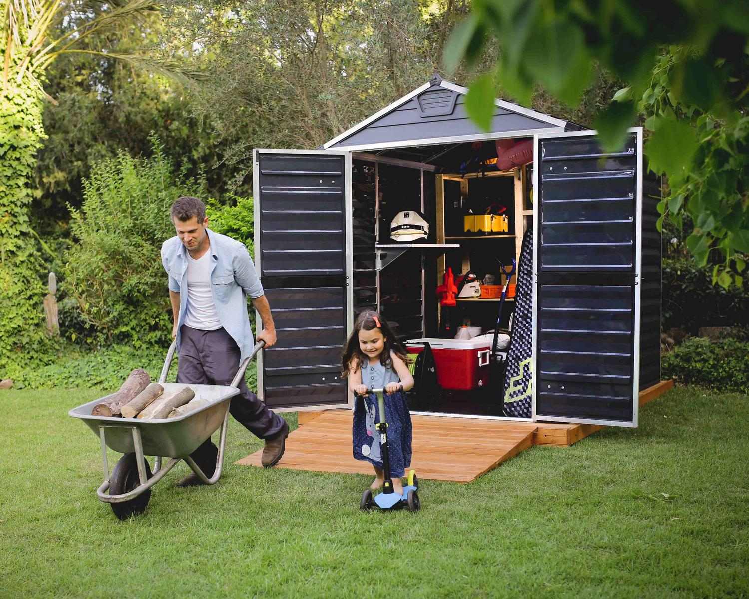 Skylight 6ft x 8ft Midnight grey garden shed with an aluminum frame and polycarbonate panels, providing spacious outdoor storage