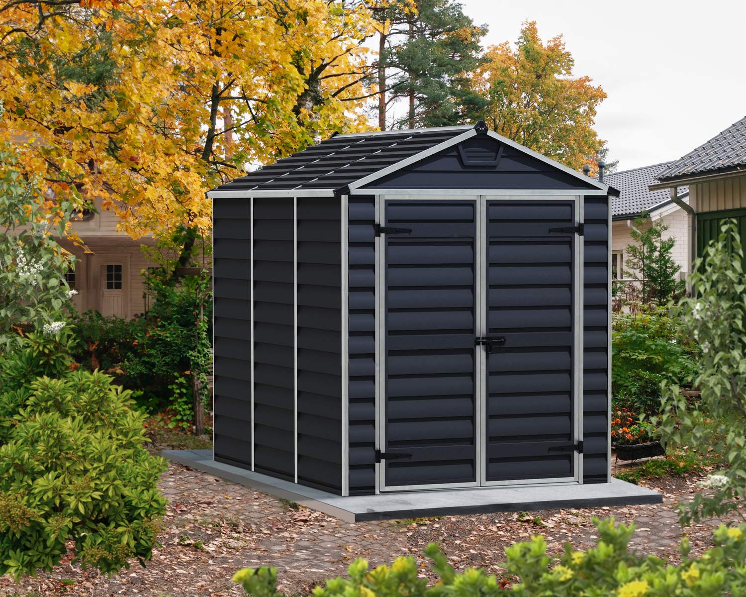 Skylight 6ft x 8ft Midnight grey garden shed with an aluminum frame and polycarbonate panels, providing spacious outdoor storage