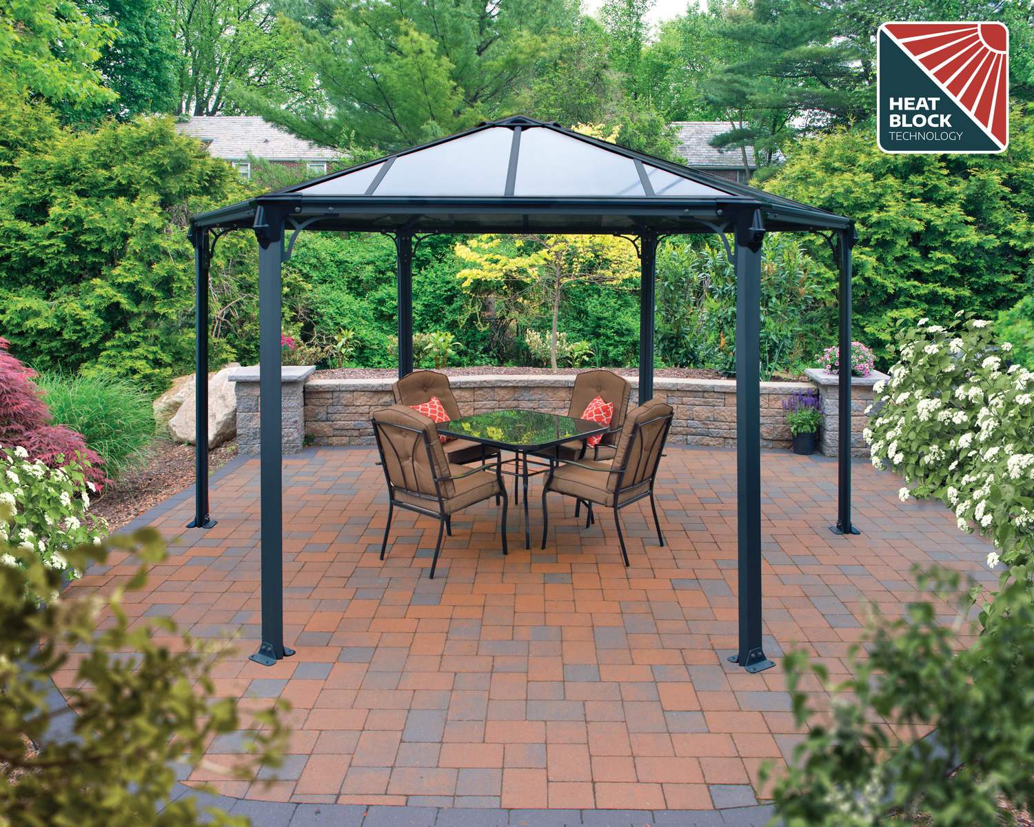 Monaco 3.90m x 4.50m hexagonal grey garden gazebo with a strong aluminum frame and HeatBlock polycarbonate roof panels, providing spacious outdoor shelter