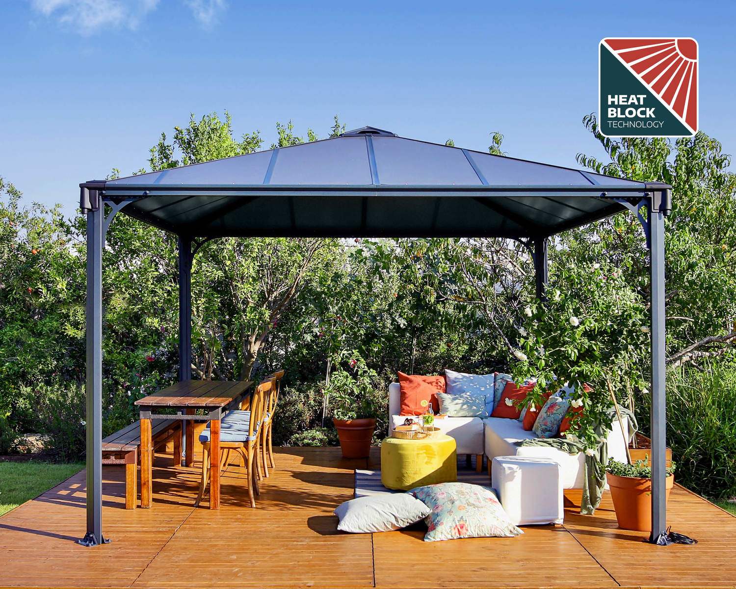 Palermo 3.6m x 3.6m grey garden gazebo with a sturdy aluminum frame and polycarbonate roof panels, providing a serene and elegant outdoor environment