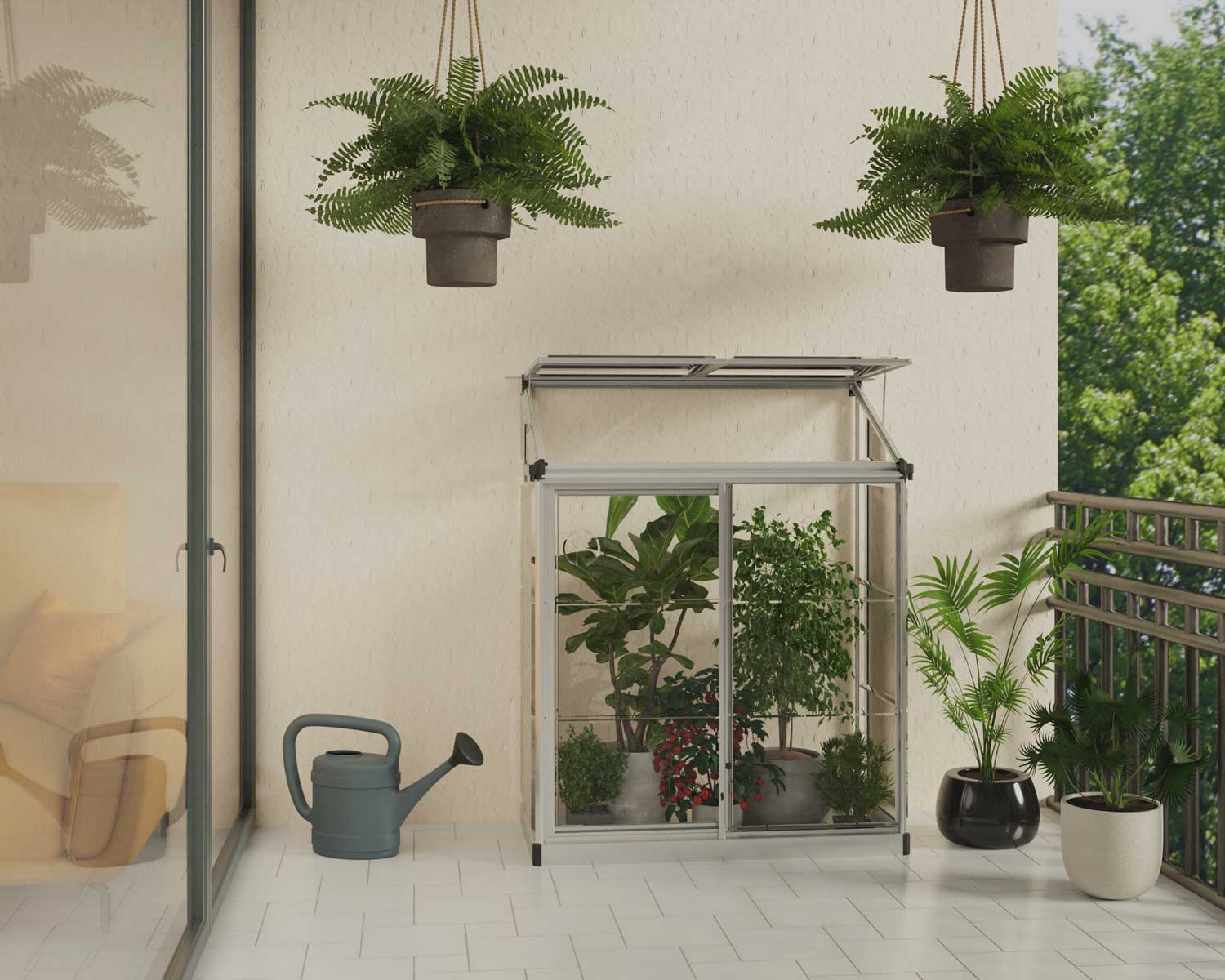 4ft x 2ft silver Lean-To Grow greenhouse with clear polycarbonate panels and an aluminum frame, attached to a wall, surrounded by snow