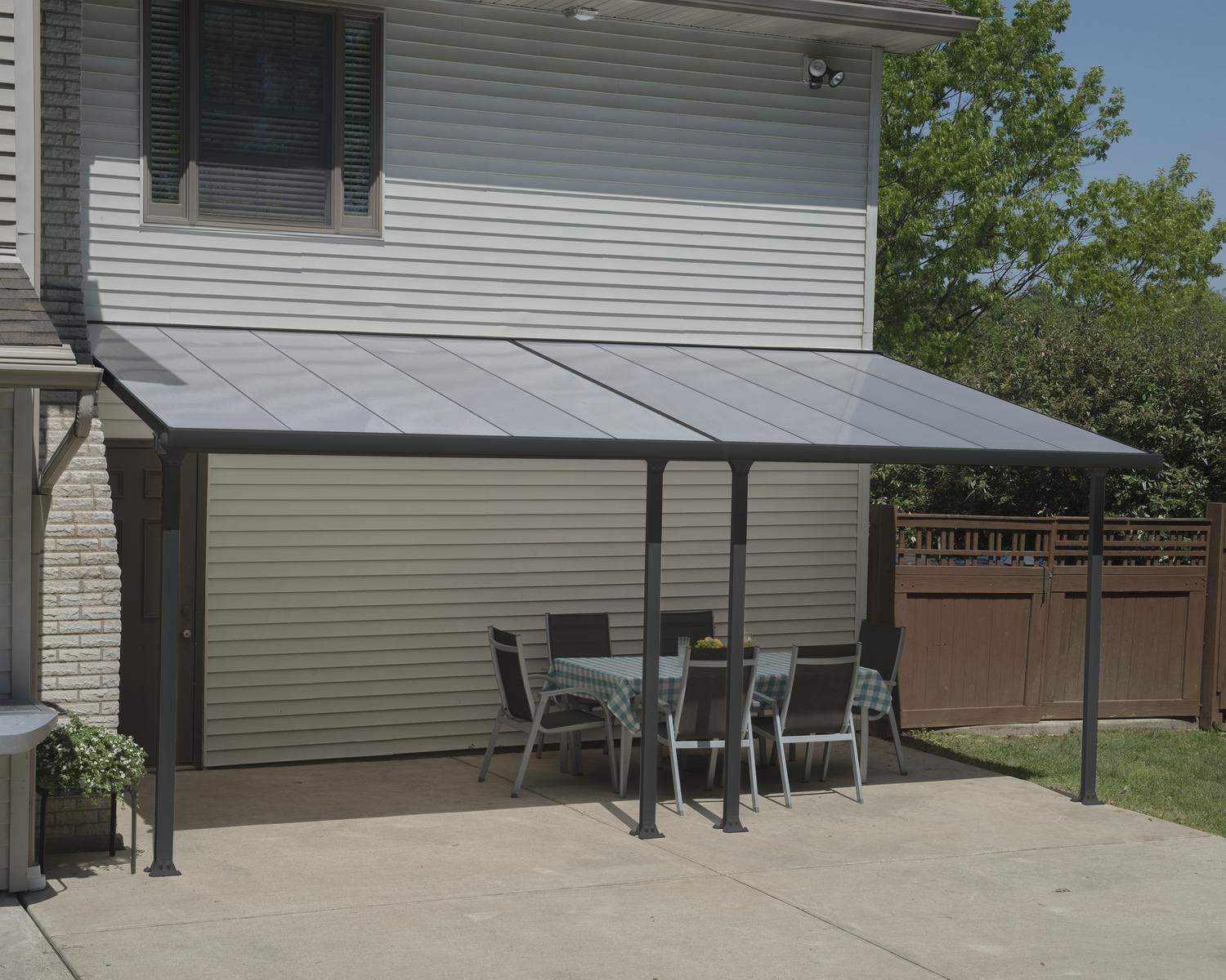 Grey 3m x 6m Feria patio cover with an aluminum frame and polycarbonate panels designed for shade and weather protection