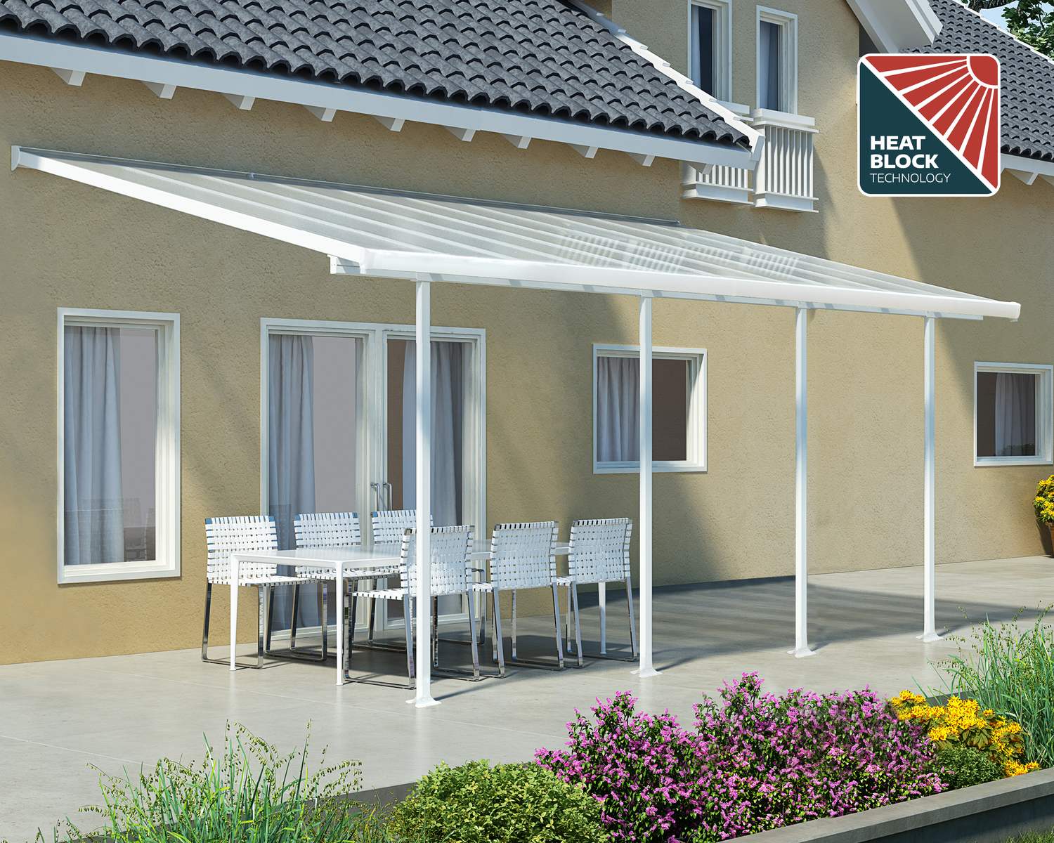 White Feria patio cover, 3m x 6m, with a durable white aluminum frame and clear polycarbonate panels, offering reliable shade and protection