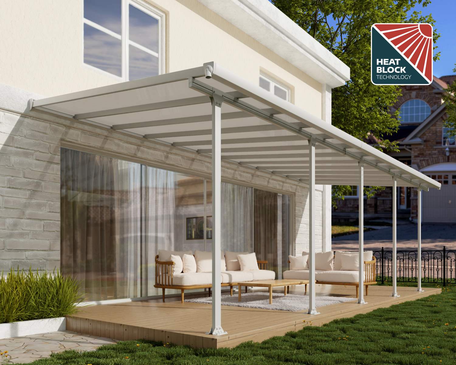 White 3m x 7.3m Feria patio cover with a sleek aluminum frame and clear polycarbonate panels, providing stylish outdoor shade