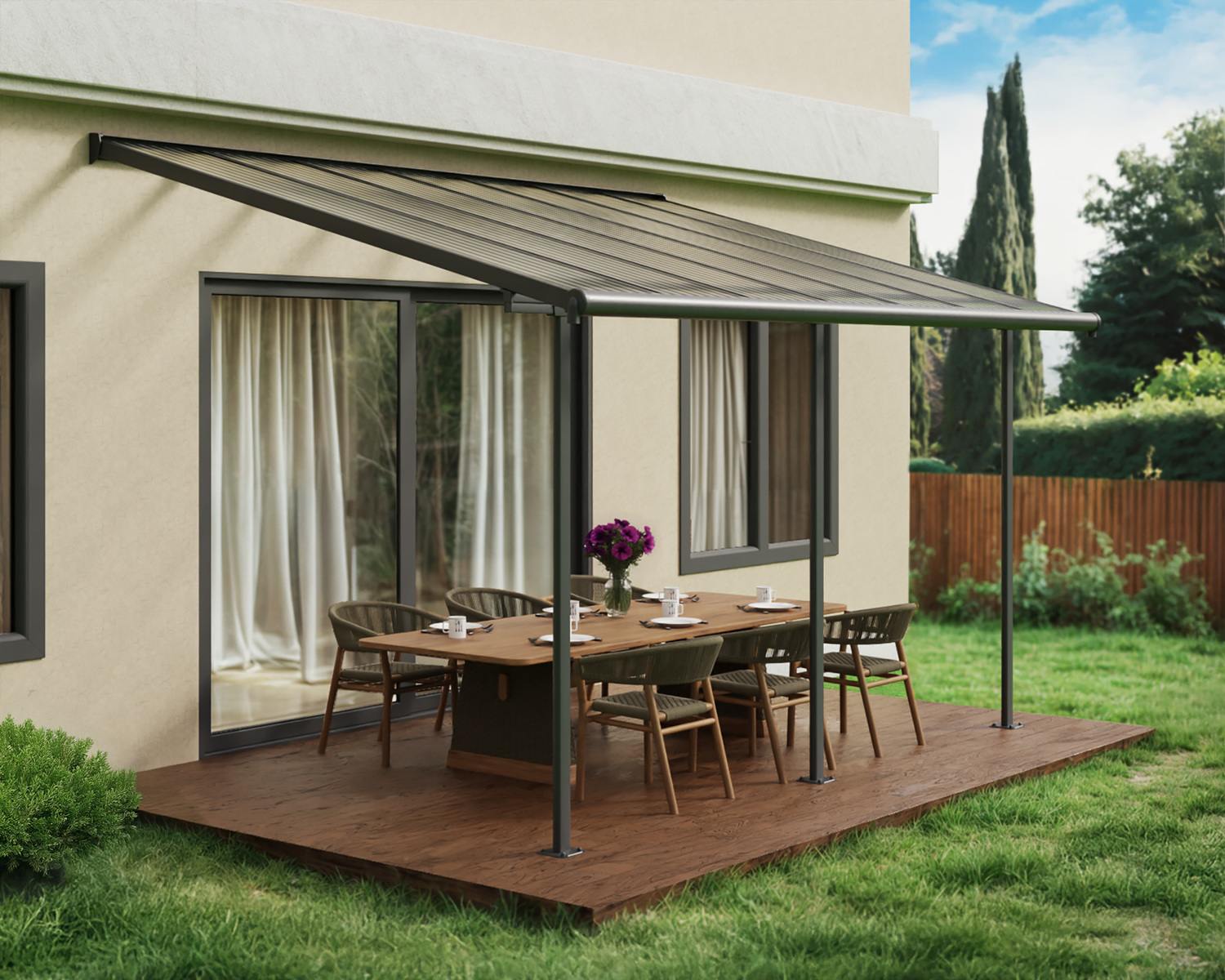 Grey 3m x 4.3m Feria patio cover with a durable aluminum frame and clear polycarbonate panels for stylish outdoor shelter