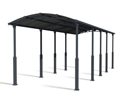 12ft x 35ft grey Alpine RV carport with a strong aluminum frame and polycarbonate roof, providing elegant protection for a large vehicle