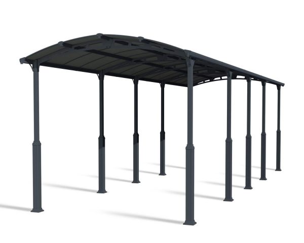 12ft x 35ft grey Alpine RV carport with a strong aluminum frame and polycarbonate roof, providing elegant protection for a large vehicle