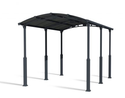 12ft x 17ft grey Alpine RV carport featuring a sleek aluminum frame and polycarbonate roof panels, highlighting its sturdy, modern design