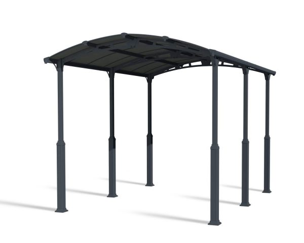 12ft x 17ft grey Alpine RV carport featuring a sleek aluminum frame and polycarbonate roof panels, highlighting its sturdy, modern design