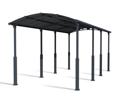 12ft x 28ft grey Alpine RV carport with a durable aluminum frame and polycarbonate roof, offering stylish vehicle protection