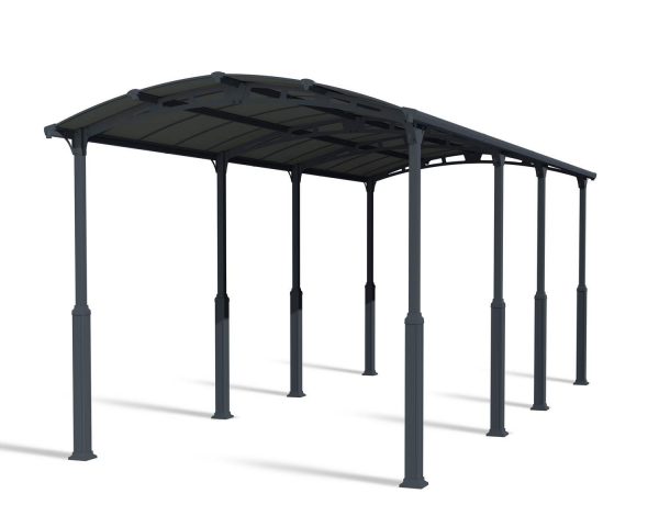 12ft x 28ft grey Alpine RV carport with a durable aluminum frame and polycarbonate roof, offering stylish vehicle protection