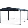 Spacious 12ft x 28ft Arcadia carport with a sleek grey aluminum frame and a sturdy polycarbonate roof, offering reliable protection