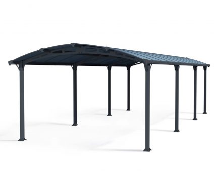 Spacious 12ft x 28ft Arcadia carport with a sleek grey aluminum frame and a sturdy polycarbonate roof, offering reliable protection