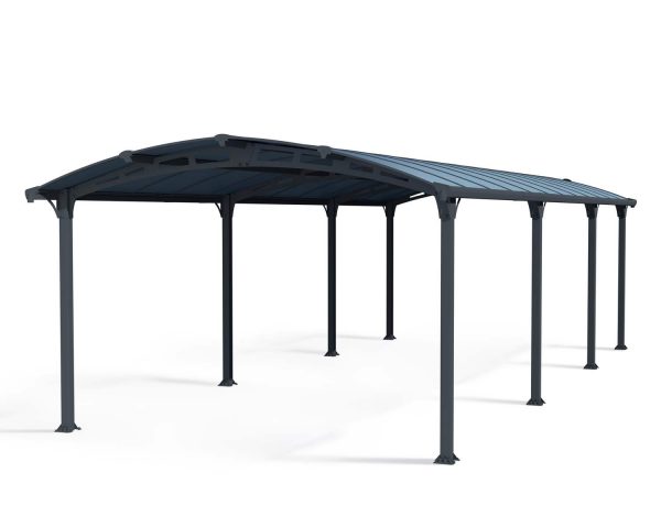 Spacious 12ft x 28ft Arcadia carport with a sleek grey aluminum frame and a sturdy polycarbonate roof, offering reliable protection