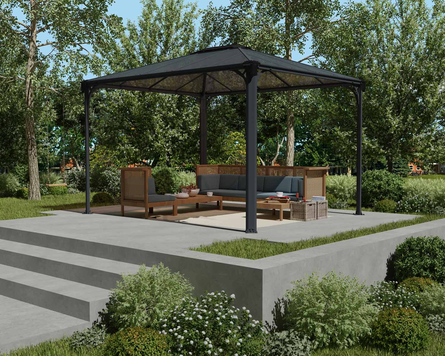 Martinique 3m x 3.6m grey garden gazebo with a robust aluminum frame and polycarbonate roof panels featuring HeatBlock technology for elegant outdoor coverage