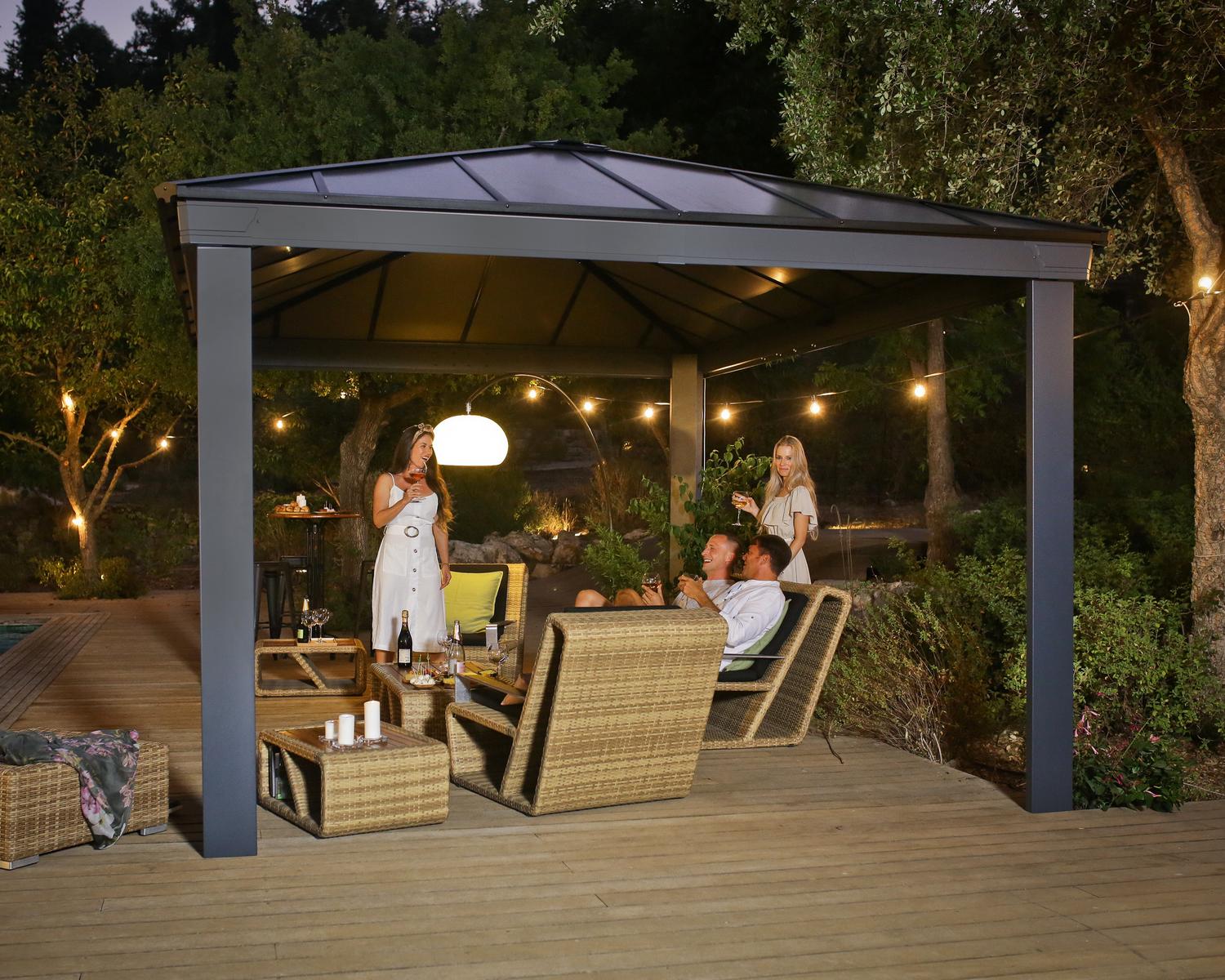 Dallas 3.6m x 5m grey garden gazebo with an aluminum frame and twin-wall polycarbonate roof panels for durable outdoor coverage