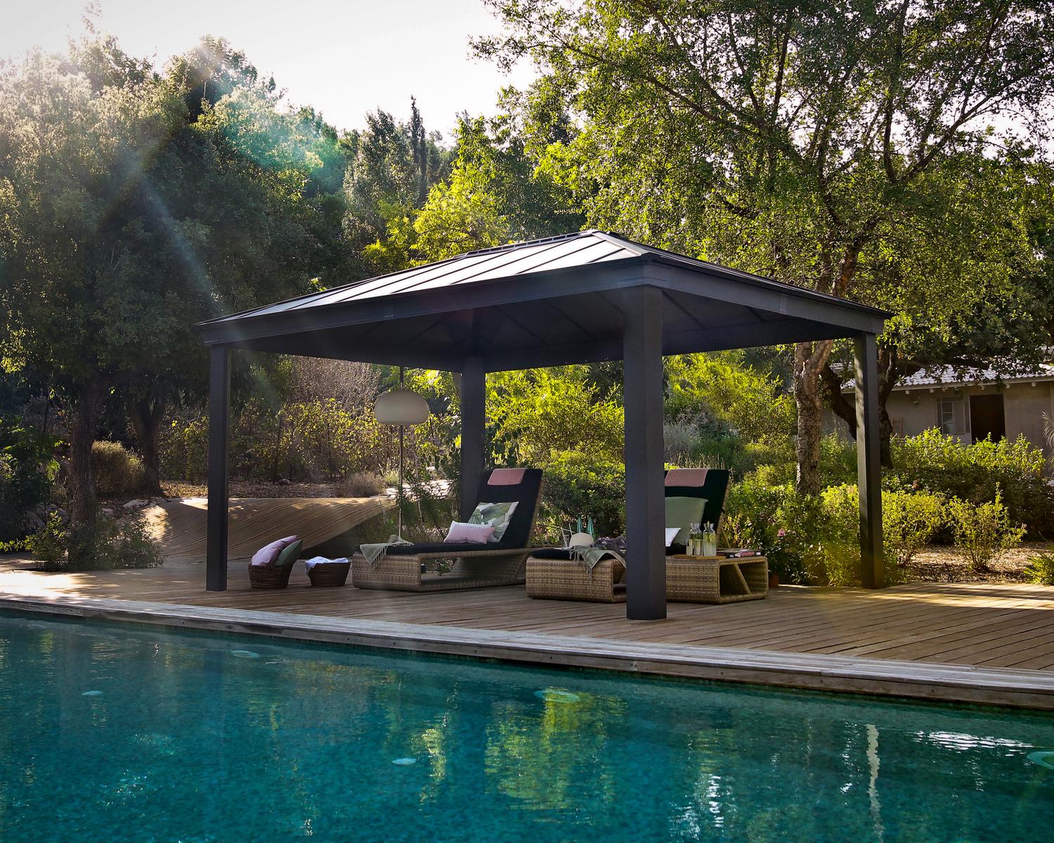 Spacious Dallas 3.6m x 5m grey garden gazebo with a sturdy aluminum frame and twin-wall polycarbonate roof panels featuring HeatBlock technology.