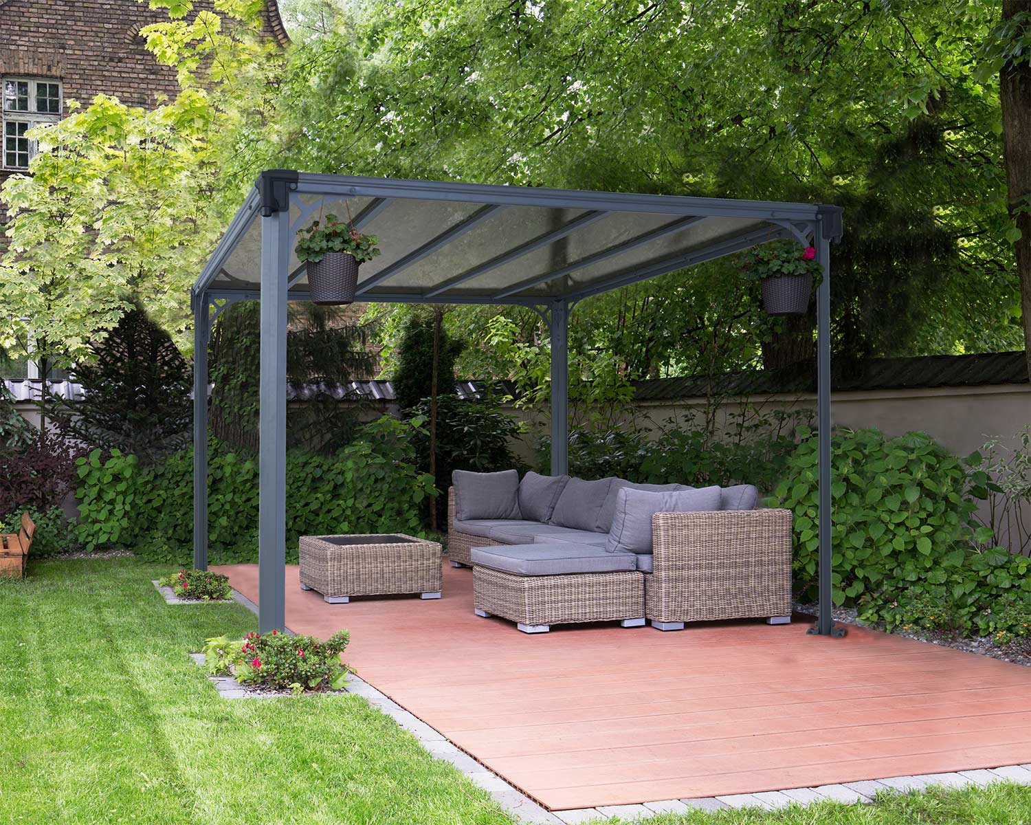 Milano 3.09m x 3.09m grey garden gazebo with a sturdy aluminum frame and HeatBlock polycarbonate roof panels, providing stylish and durable outdoor shelter