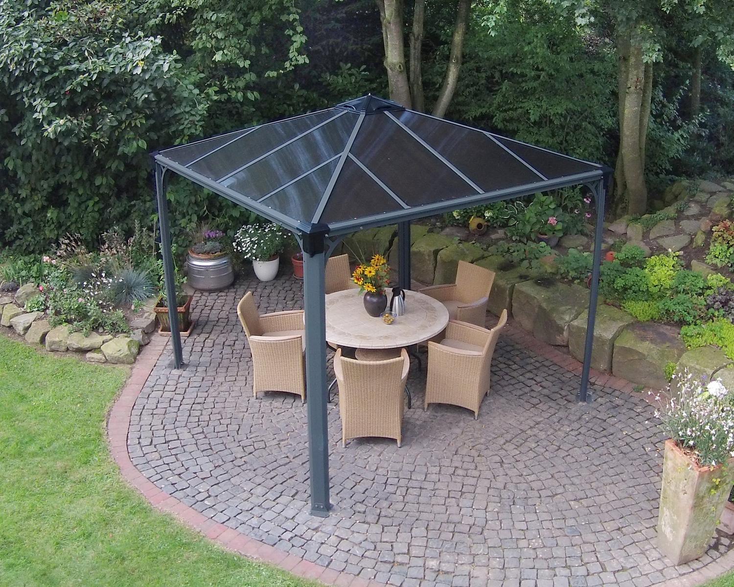 Palermo 3m x 3m grey garden gazebo with a robust aluminum frame and HeatBlock polycarbonate roof panels, providing a comfortable outdoor space.