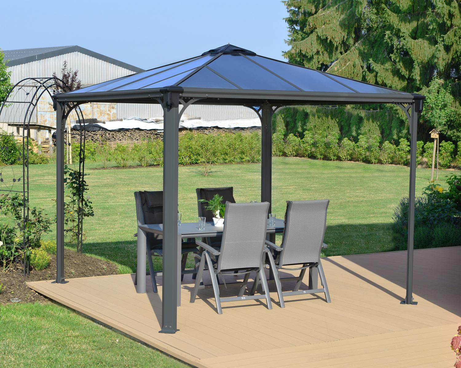 Palermo 3m x 3m grey garden gazebo with a robust aluminum frame and HeatBlock polycarbonate roof panels, providing a comfortable outdoor space.