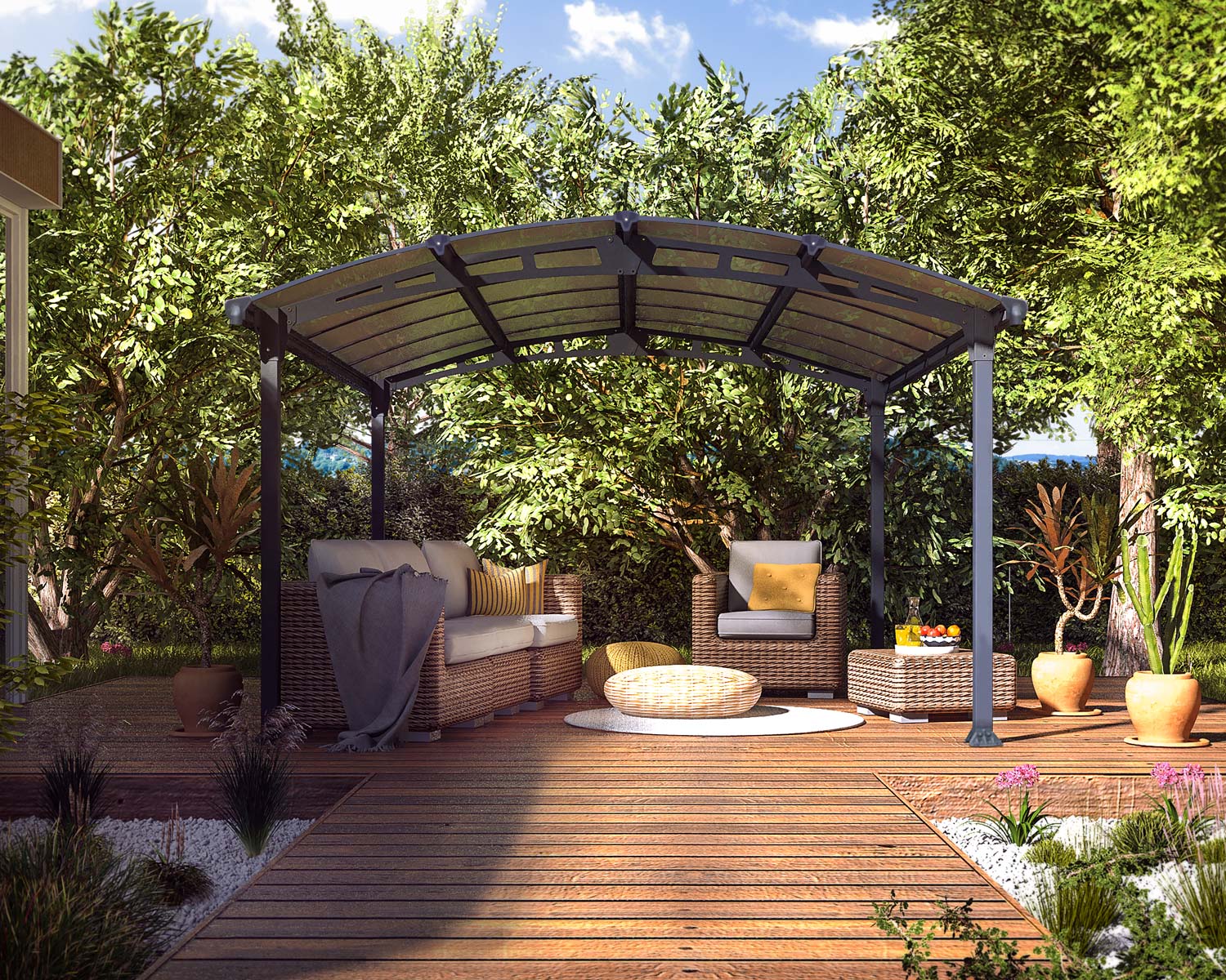 Tucson 3.59m x 4.35m grey garden gazebo with a robust aluminum frame and polycarbonate roof panels, offering a stylish and durable outdoor shelter.
