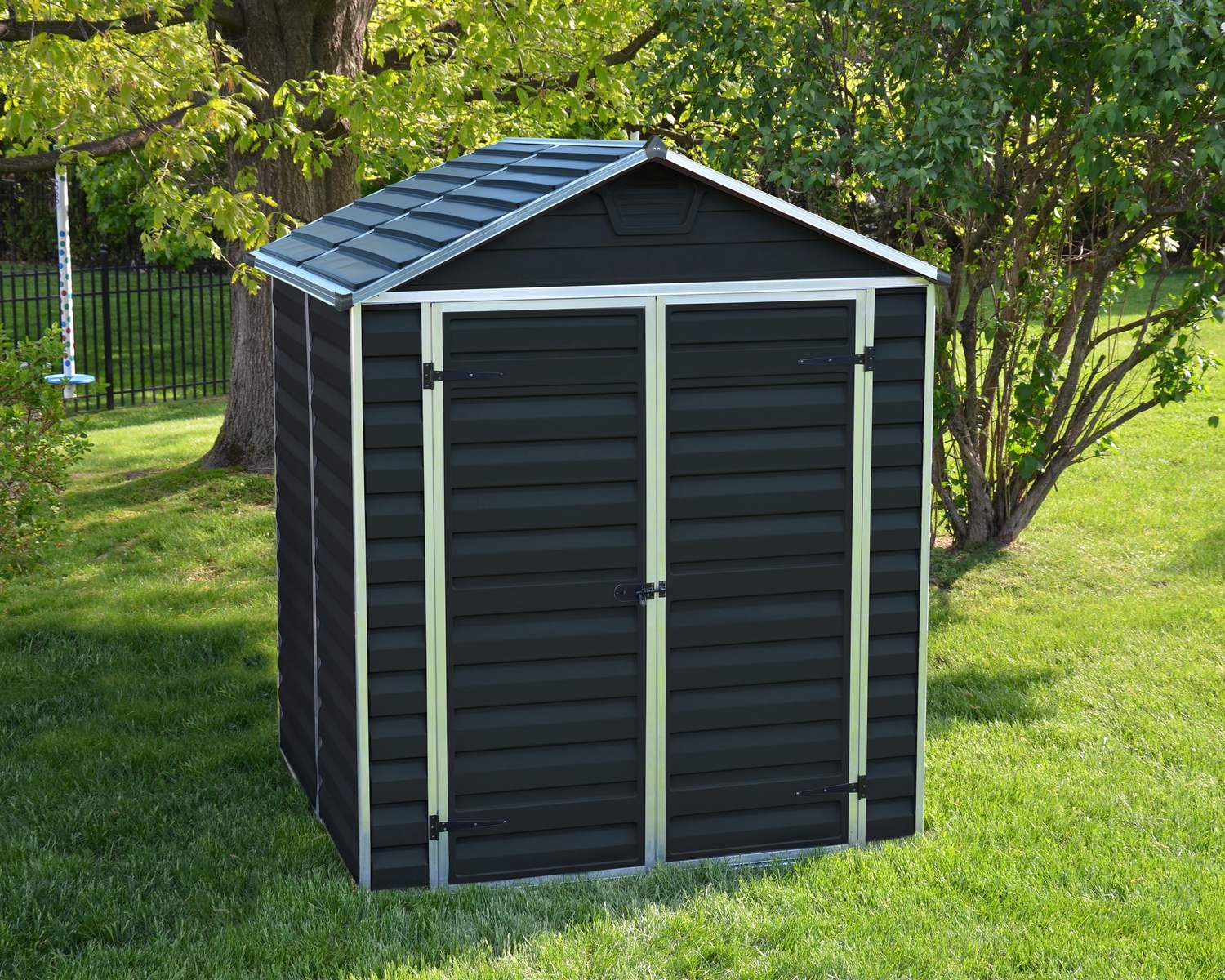 Skylight 6ft x 5ft Midnight grey garden shed with a durable aluminum frame and polycarbonate panels, offering stylish and reliable outdoor storage