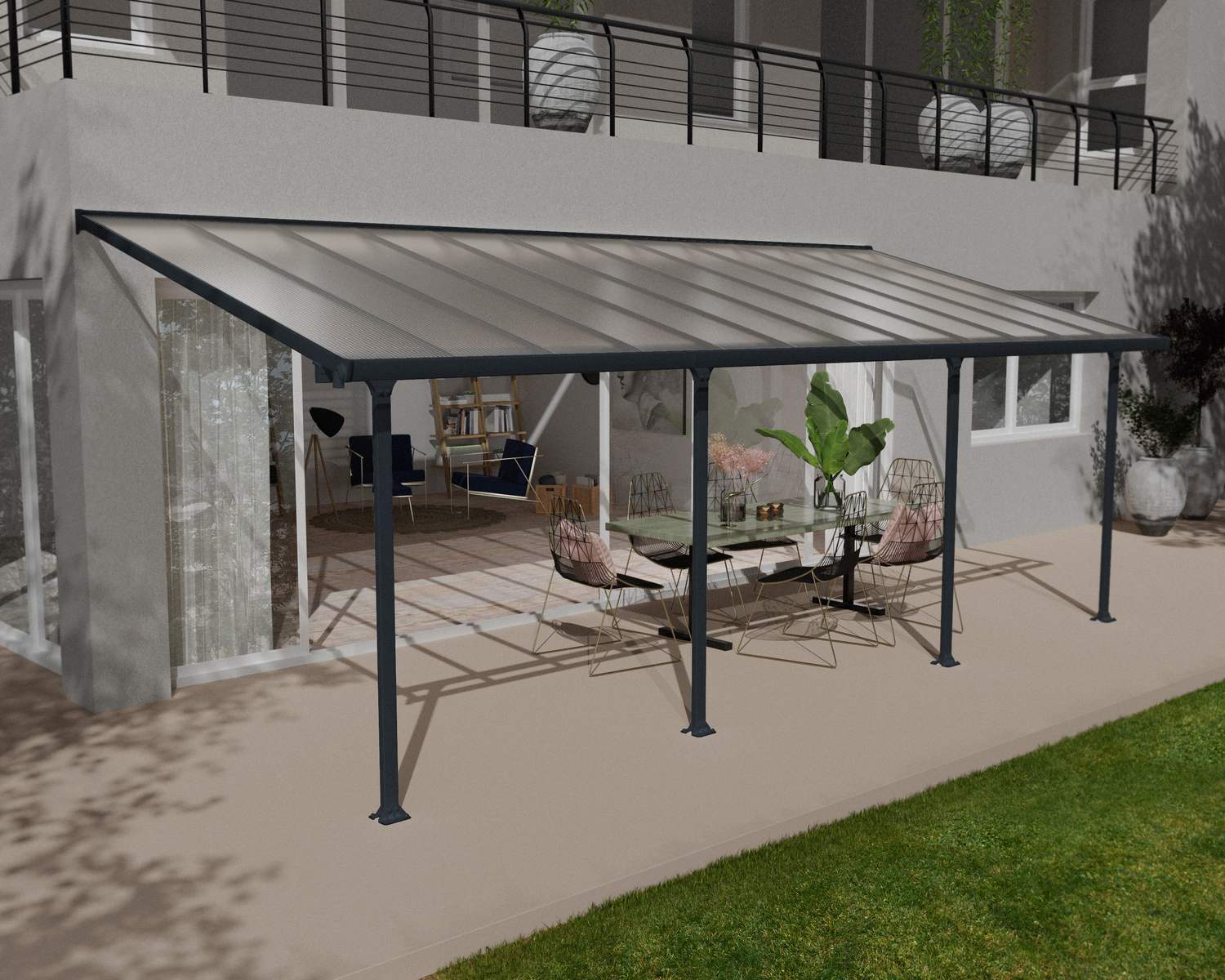 Grey 3m x 7.3m Feria patio cover featuring a sturdy aluminum frame and clear polycarbonate panels for modern outdoor protection